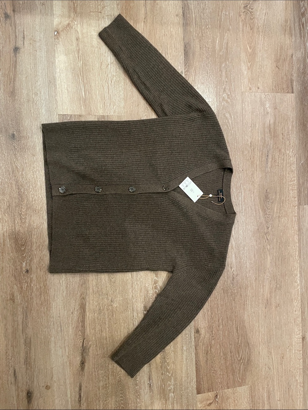 Quince Olive-Brown Cashmere Ribbed V-Neck Button Cardigan